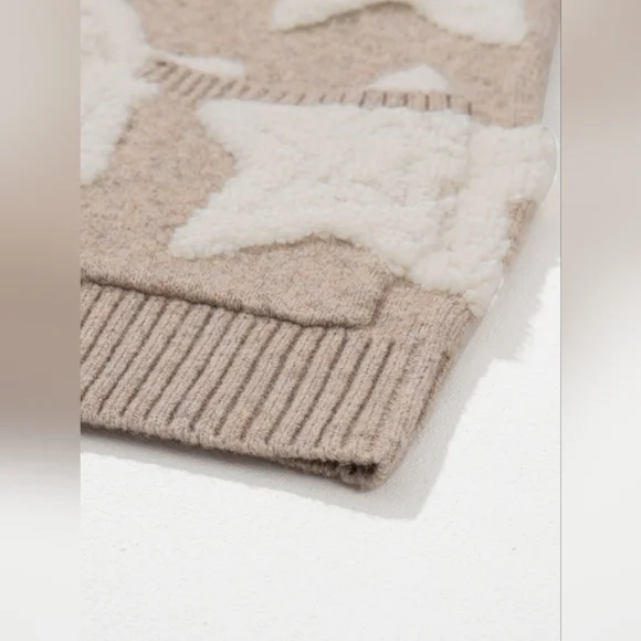 Khaki Sherpa Star Pattern Textured Sweater Cardigan with Pockets - Picture 12 of 16